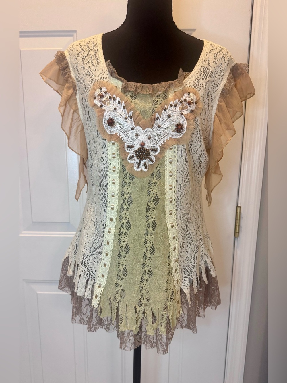 Pretty Angel Cream and Tan Lace Overlay Blouse with Appliqué